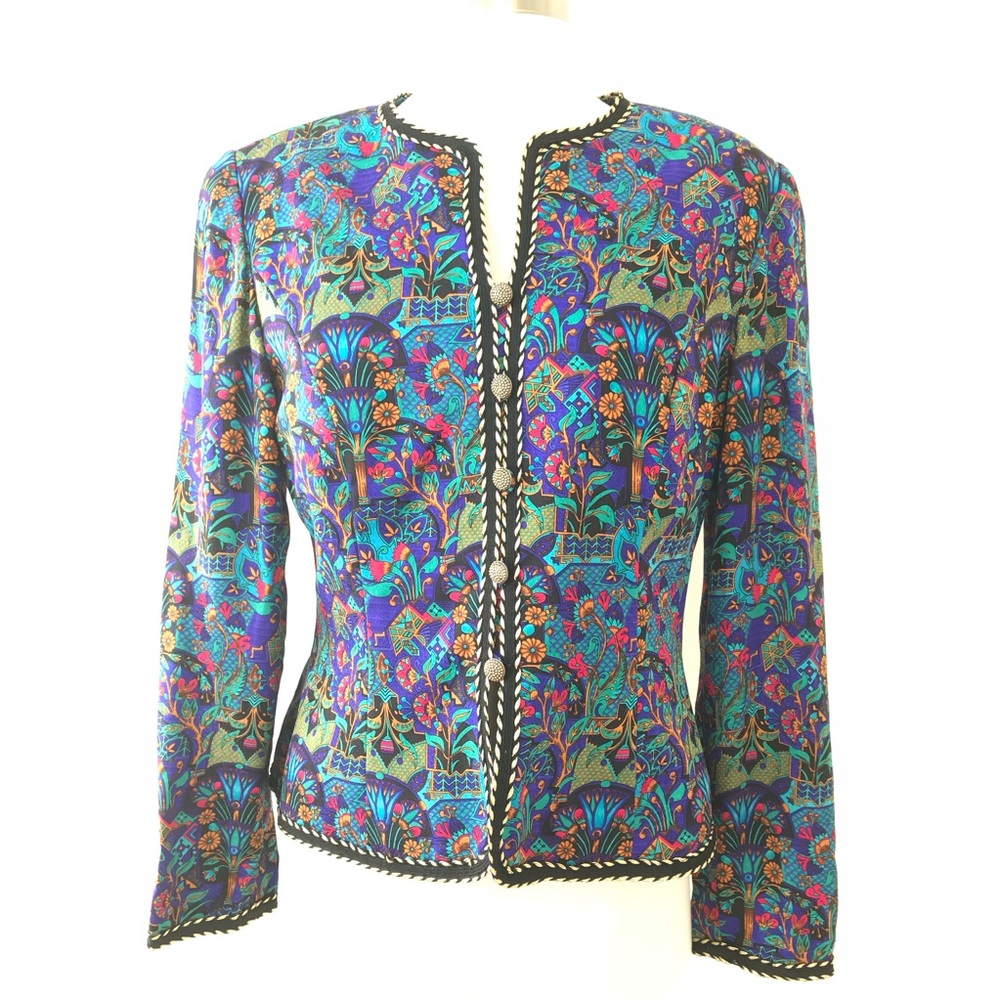 Adrianna Papell Safe Silk Gold Trim Print Jacket